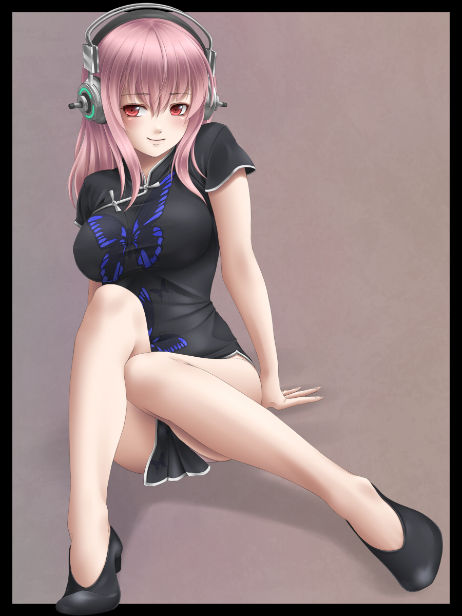 bad_id blush breasts butterfly china_dress chinese_clothes headphones highres large_breasts legs long_hair long_legs mochi.f nitroplus no_shoes no_socks pink_hair sitting smile sonico soniko super_sonico super_soniko taut_shirt thighs