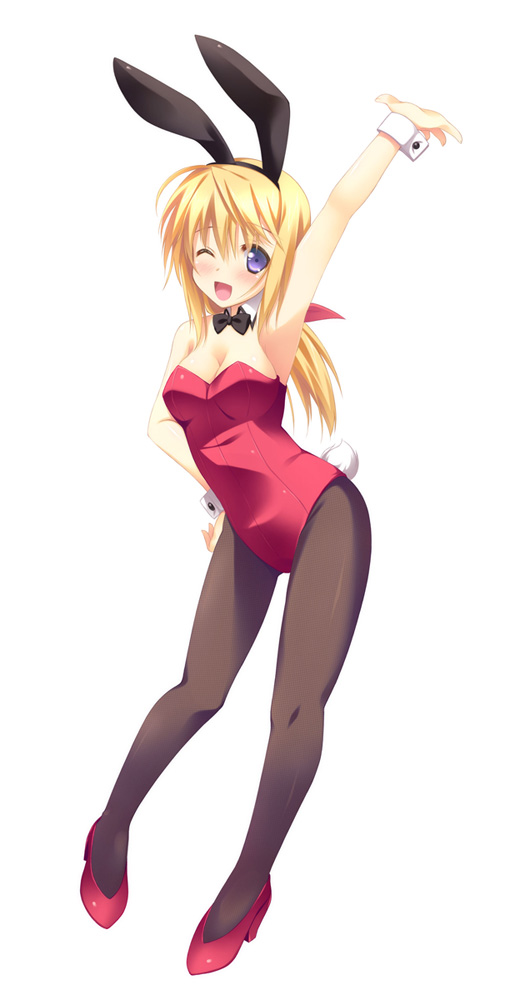 ;d animal_ears arm_up blonde_hair bunny_ears bunnysuit charlotte_dunois hitoguchi_(hioxhio) infinite_stratos long_hair open_mouth pantyhose purple_eyes smile solo violet_eyes wink wrist_cuffs