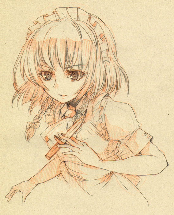 ang face hands izayoi_sakuya knife monochrome sketch solo throwing_knife touhou traditional_media weapon