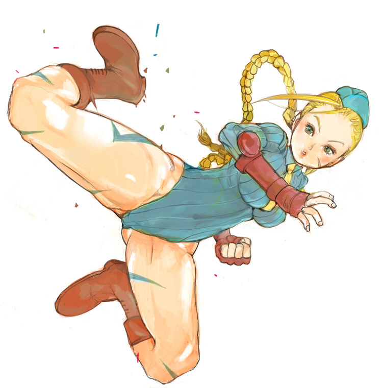 ahoge blonde_hair blue_eyes boots braid breasts cammy_white camouflage capcom clenched_hand combat_boots female fingerless_gloves flying_kick garrison_cap gloves green_eyes hat huge_ahoge kazaana kicking leotard long_hair necktie ribbed_leotard scar simple_background solo spread_legs street_fighter thick_thighs thighs thong_leotard twin_braids twintails