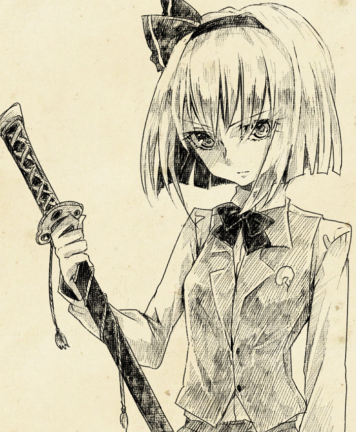 ang bob_cut bowtie bust dress_shirt expressionless hairband katana konpaku_youmu monochrome scabbard sheath shirt short_hair sketch solo sword touhou vest weapon