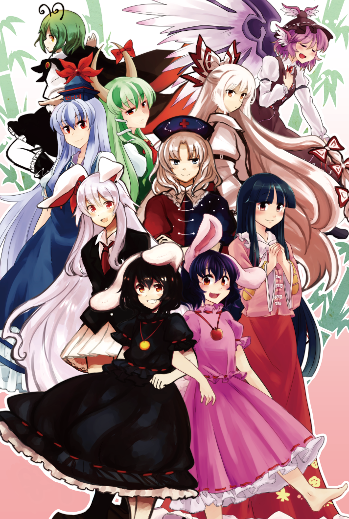 6+girls animal_ears antennae bamboo bamboo_forest black_hair blazer blue_eyes blue_hair blush bow breasts cape carrot closed_eyes dress dual_persona ex-keine forest fujiwara_no_mokou green_hair hair_bow hair_ribbon hat highres horn_ribbon horns houraisan_kaguya imperishable_night inaba_tewi inazakura00 kamishirasawa_keine long_hair multiple_girls mystia_lorelei nature necktie nurse nurse_cap open_mouth pants pink_hair purple_hair rabbit_ears red_eyes reisen_udongein_inaba ribbon short_hair silver_hair skirt smile suspenders touhou very_long_hair wings wriggle_nightbug yagokoro_eirin