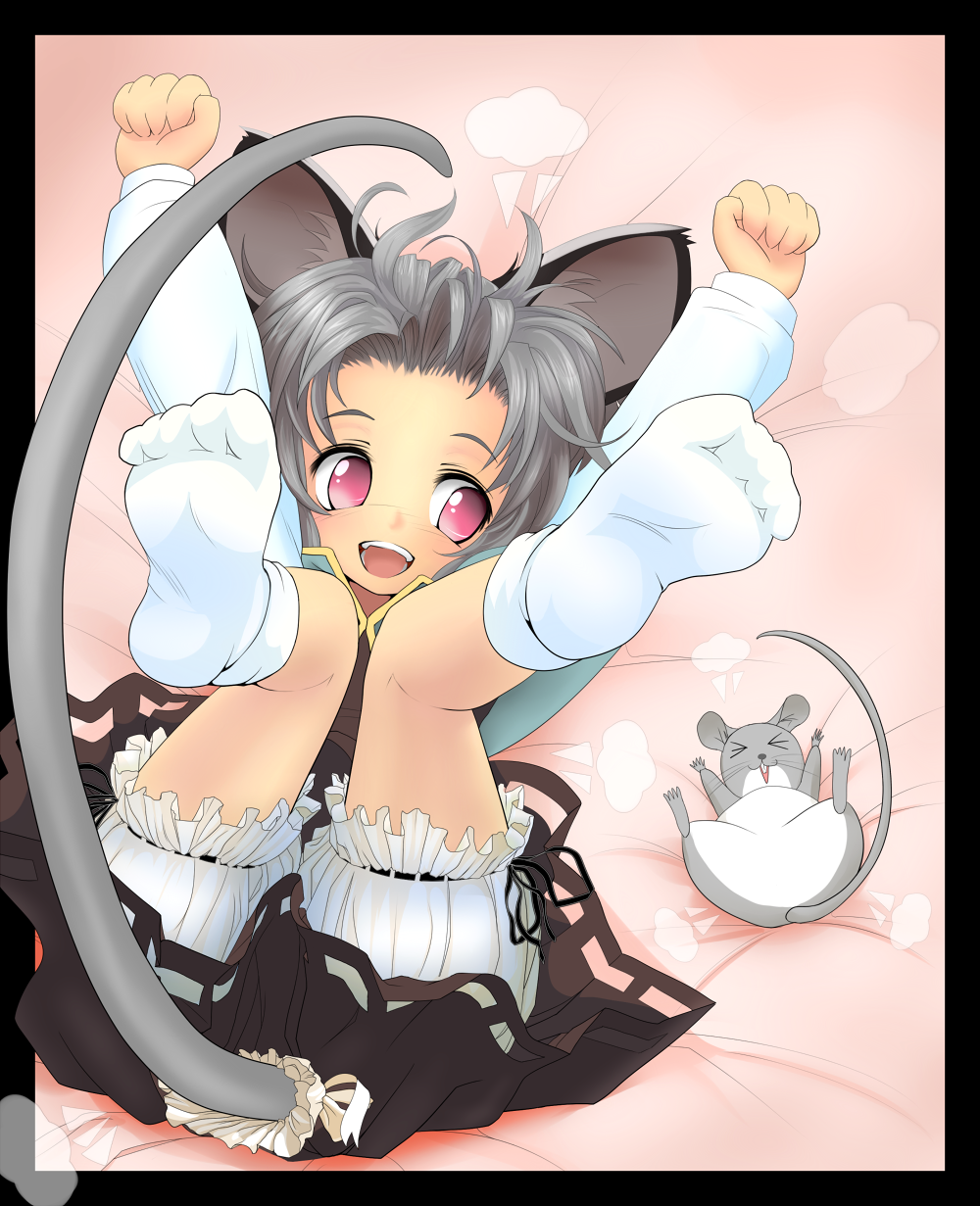 &gt;_&lt; animal_ears arms_up bed_sheet bloomers border clenched_hand clenched_hands dress feet fist foreshortening frame grey_dress grey_hair highres ishikkoro legs_up mouse mouse_ears mouse_tail nazrin on_back open_mouth raised_fists red_eyes short_hair smile socks solo tail tail_raised touhou white_legwear