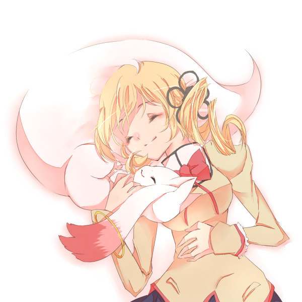 blonde_hair bow closed_eyes drill_hair eyes_closed hair_ornament hand_on_stomach happy izusetsu kyubey lying mahou_shoujo_madoka_magica nuzzle nuzzling on_back school_uniform simple_background skirt sleeping smile tail tomoe_mami twin_drills