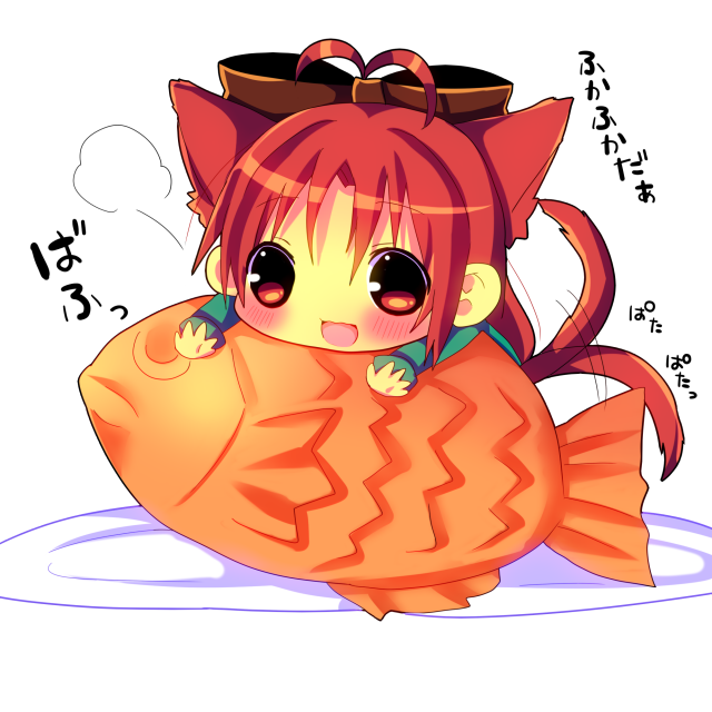 animal_ears blush bow cat_ears cat_tail chibi chocolat_(momoiro_piano) food hair_bow hina_hina kemonomimi_mode mahou_shoujo_madoka_magica minigirl open_mouth plate red_eyes red_hair redhead sakura_kyouko shirt solo tail tail_wagging taiyaki translation_request wagashi