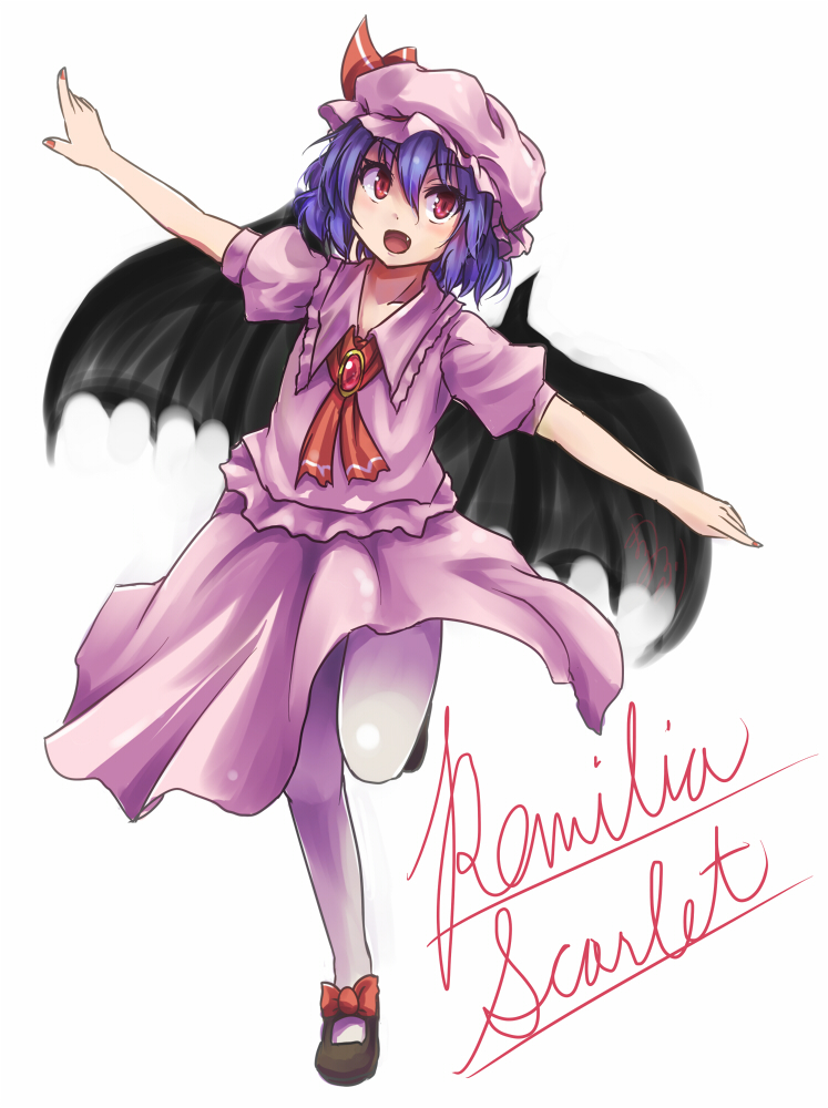 1girl bat_wings blue_hair brooch dress fang hat hat_ribbon jewelry looking_at_viewer open_mouth outstretched_arms pantyhose pink_dress puffy_sleeves red_eyes remilia_scarlet ribbon short_sleeves simple_background smile solo standing_on_one_leg touhou white_background white_legwear wings wumarutsufuri_(artist)