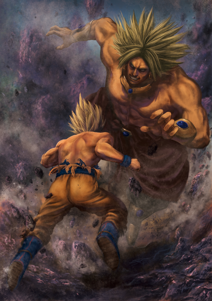 battle blonde_hair broly clenched_teeth debris dragon_ball dragon_ball_z dragonball_z epic grin long_hair male multiple_boys muscle shirtless size_difference smile son_goku son_gokuu spiked_hair spiky_hair super_saiyan topless torn_clothes water yama_moto