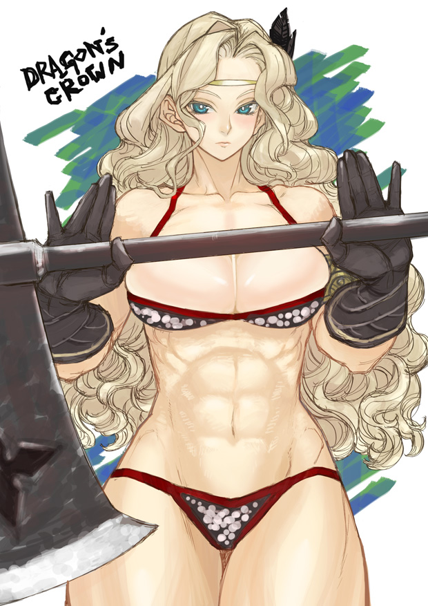 amazon_(dragon's_crown) armlet armor axe bikini_armor blonde blonde_hair breasts circlet dragon's_crown feathers female gloves green_eyes headband kimuchi large_breasts long_hair muscle muscles muscular_female solo vanillaware weapon
