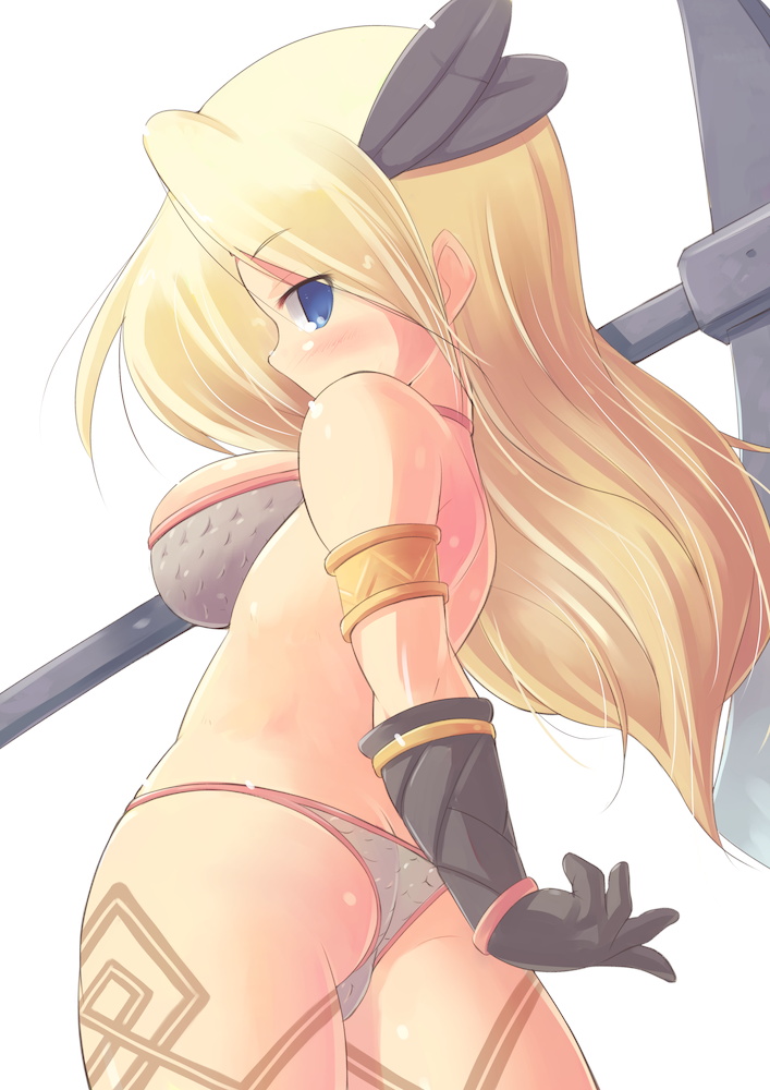 amazon_(dragon's_crown) amazon_(dragon's_crown) armlet armor artist_request ass axe bikini_armor blonde_hair blue_eyes blush breasts circlet cleavage dragon's_crown dragon's_crown feathers gloves kourourin large_breasts solo tattoo vanillaware weapon