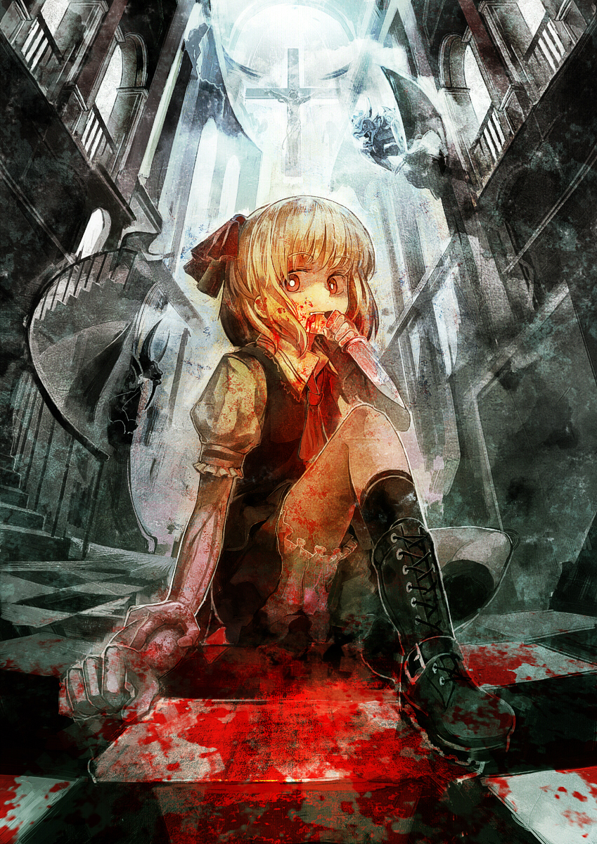 blonde_hair blood boots checkered checkered_floor cross cross-laced_footwear evil hair_ribbon highres indoors knife lace-up_boots legs organ_derwald red_eyes ribbon rumia scenery short_hair sitting solo stairs the_embodiment_of_scarlet_devil touhou youkai