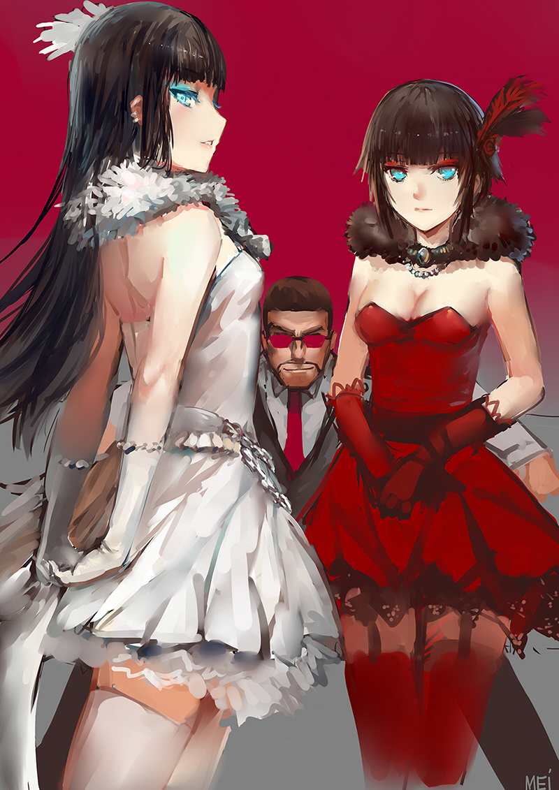 bare_shoulders black_hair blue_eyes character_request feather_boa gloves glowing glowing_eyes hair_ornament lips m874 rwby skirt thighhighs