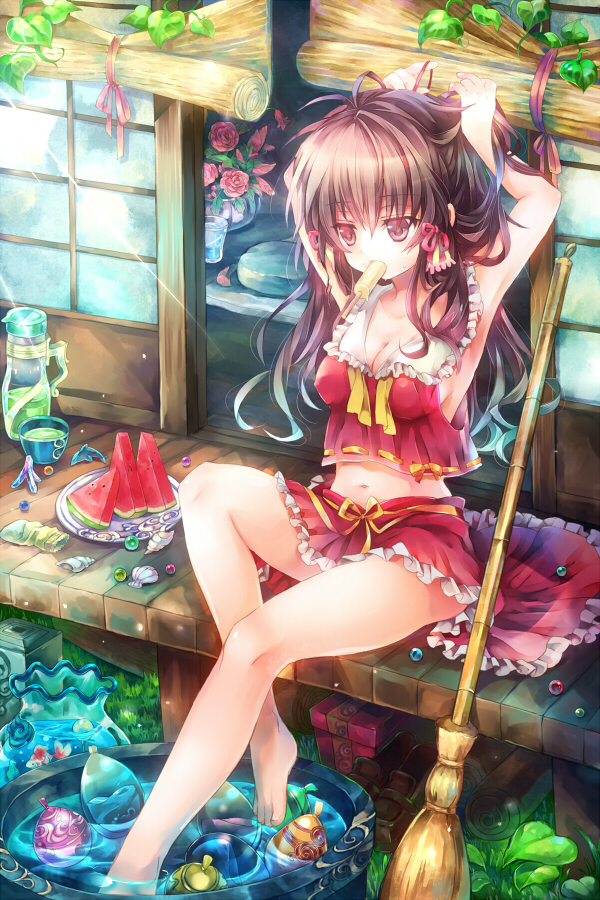 adapted_costume armpits arms_behind_head arms_up bamboo_broom bare_legs barefoot bouquet bow breasts broom cleavage colorful feet feet_in_water flower food frilled_skirt fruit hair_bow hair_down hair_ribbon hairdressing hakurei_reimu knees leaf legs midriff mouth_hold navel no_bra outdoors popsicle porch ribbon salay shell shigaraki_(strobe_blue) sitting skirt sleeveless soaking_feet solo summer sunlight thighs touhou undone_necktie untied veranda water water_balloon watermelon