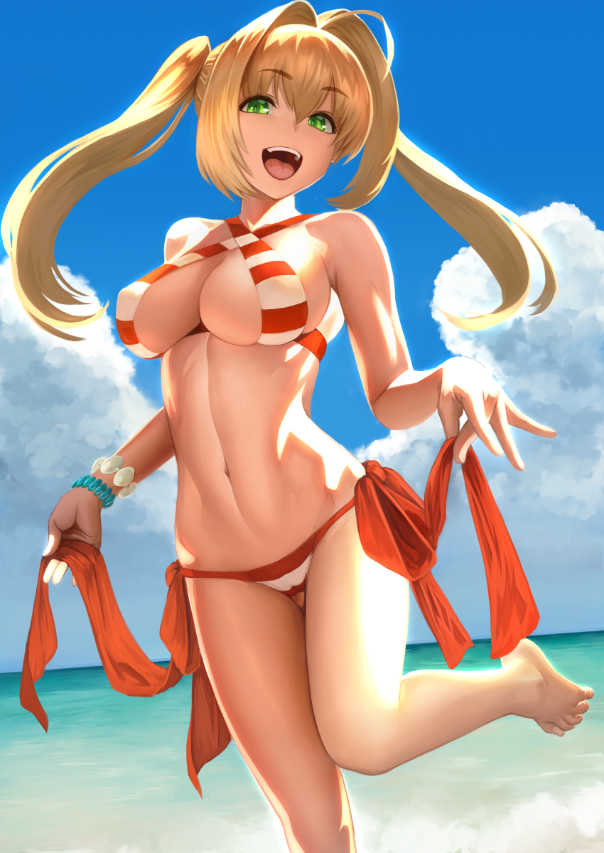 1girl :d ahoge bead_bracelet beads bikini blonde_hair blue_sky bracelet breasts clouds commentary_request day eyebrows_visible_through_hair fate/grand_order fate_(series) green_eyes highres jewelry large_breasts long_hair looking_at_viewer navel nero_claudius_(fate)_(all) nero_claudius_(swimsuit_caster)_(fate) ocean open_mouth side-tie_bikini sky smile solo standing standing_on_one_leg striped striped_bikini swimsuit twintails yamaneko_(tkdrumsco)