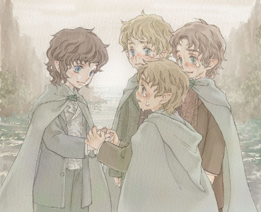 appuru blonde_hair brown_hair cape fantasy frodo_baggins hobbit lord_of_the_rings male meriadoc_brandybuck peregrin_took pointy_ears samwise_gamgee tears