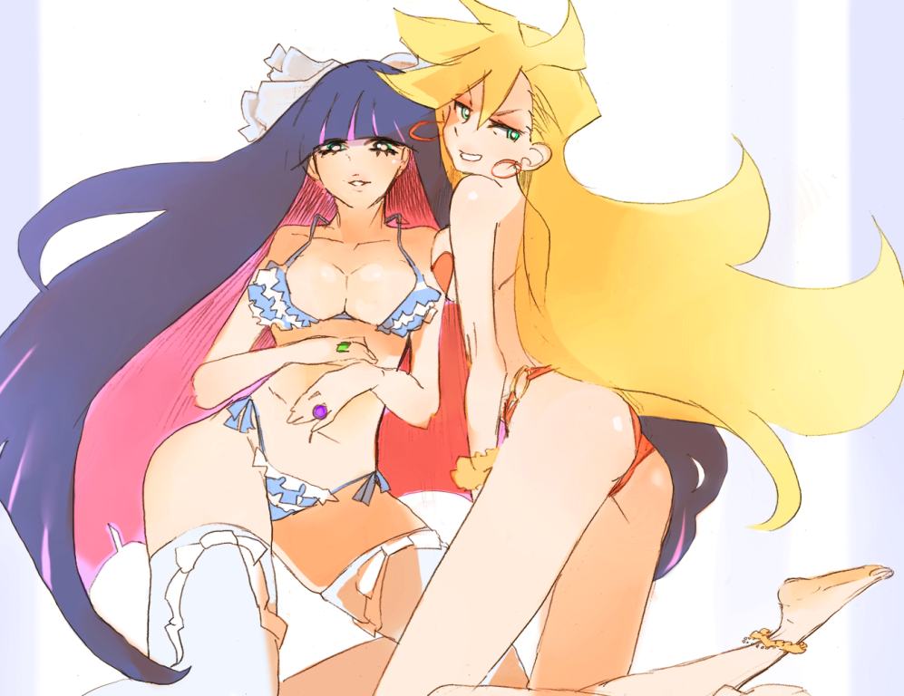 2girls anasta anklet artist_request ass barefoot bikini blonde_hair blush bow bra breasts cleavage earrings hair_bow jewelry lingerie midriff multicolored_hair multiple_girls panties panty_&amp;_stocking_with_garterbelt panty_(character) panty_(psg) ring smile stocking_(character) stocking_(psg) swimsuit thigh-highs thighhighs two-tone_hair