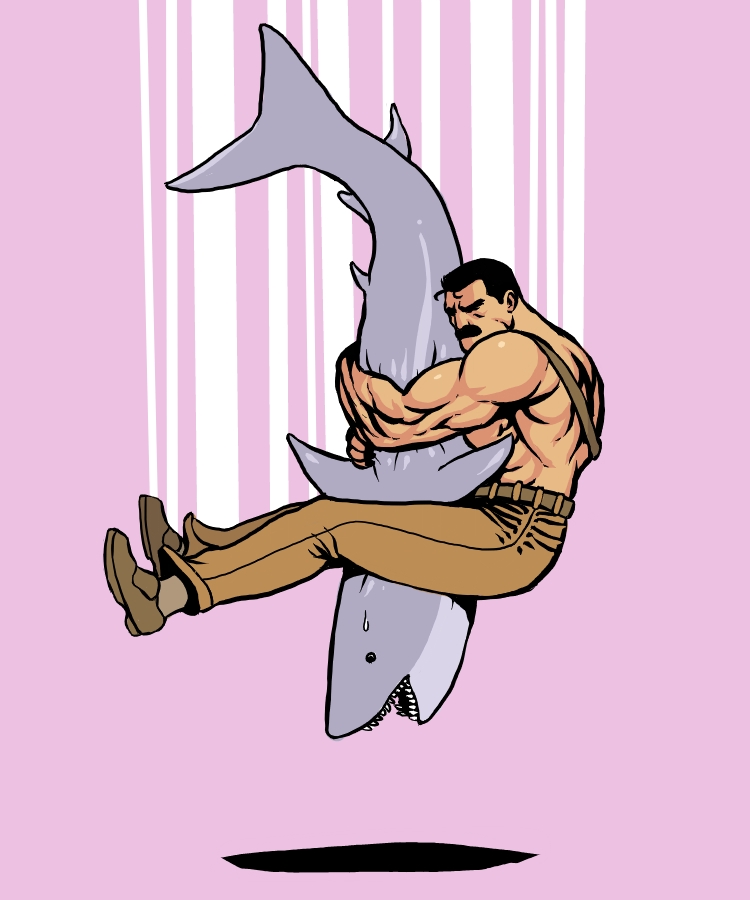 capcom clothing dorsal_fin epic facial_hair feral final_fight funny human junkboy lol male manly marine mike_haggar muscle muscles mustache ohsnap parody piledriver shark shirtless simple_background speed_lines topless video_games what wrestling