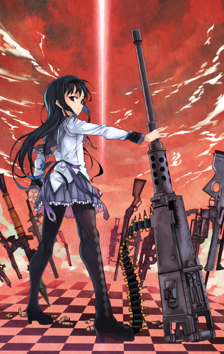 akemi_homura ammunition_belt assault_rifle beam black_hair browning_m2 bullpup cartridge checkered checkered_floor gatling_gun gun heavy_machine_gun howa_type_89 kno1 lever_action long_hair looking_back m249 machine_gun magical_girl mahou_shoujo_madoka_magica p90 pantyhose rifle rocket_launcher rpg rpg-7 shell_casing shotgun sl8 sniper_rifle solo spas-12 submachine_gun tdi_vector walther_wa-2000 walther_wa_2000 weapon winchester_model_1894