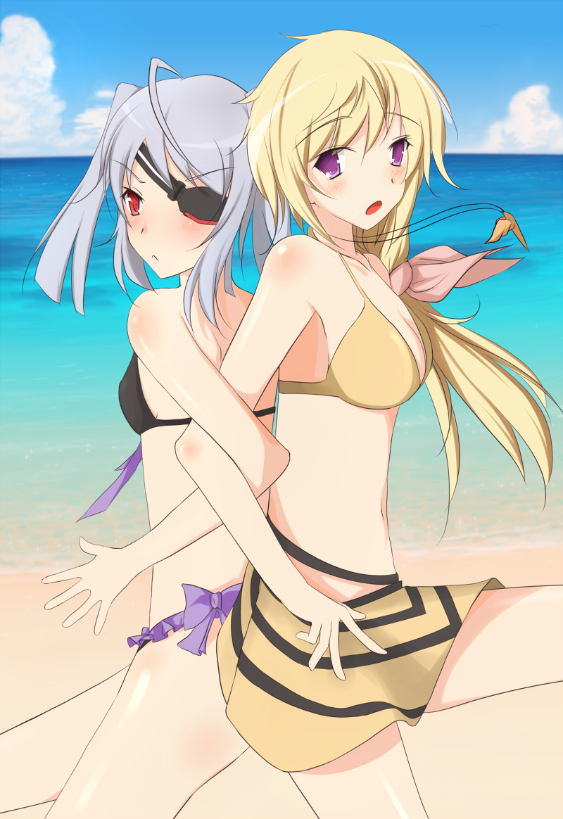 blonde_hair charlotte_dunois eyepatch infinite_stratos jewelry laura_bodewig mozya necklace purple_eyes red_eyes ribbon silver_hair swimsuit twintails violet_eyes