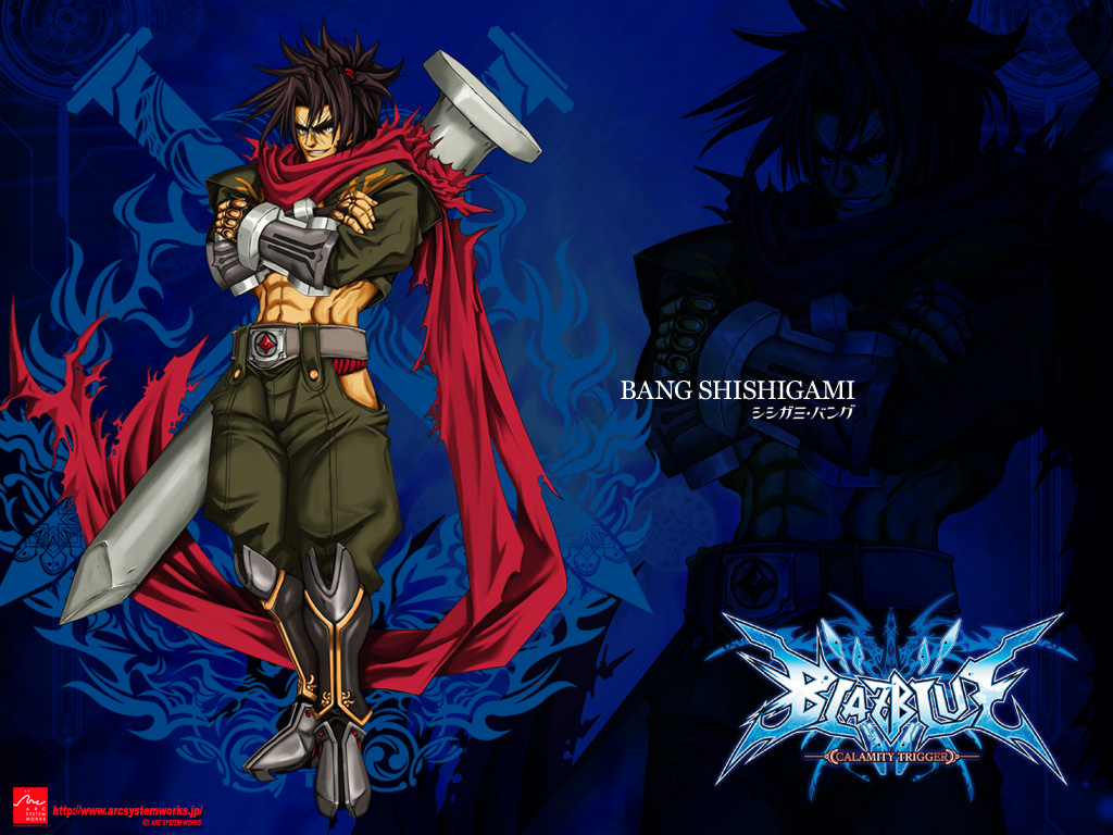 1024x768 1boy 4:3 abs bang_shishigami blazblue brown_hair nail ninja scar scarf shishigami_bang solo wallpaper