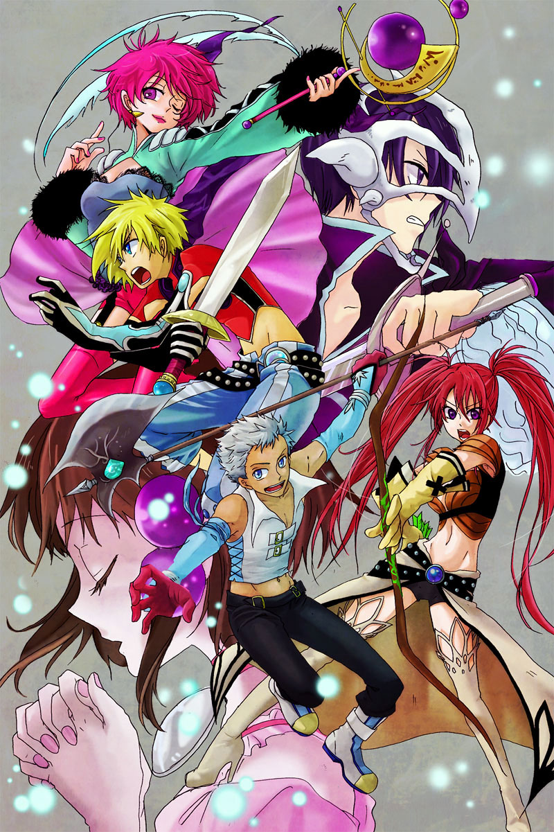 3girls angry black_eyes black_hair blonde_hair blue_eyes boots bow_(weapon) clenched_teeth closed_eyes earrings eyes_closed fingernails gloves green_hair grey_background hands_clasped harold_berselius high_heels highres jewelry judas kyle_dunamis lipstick long_hair loni_dunamis makeup mask midriff multiple_boys multiple_girls nail_polish nanaly_fletch navel nonanemon open_mouth pants pink_hair pink_nails polearm profile purple_eyes reala red_hair redhead shoes short_hair smile spear staff sword tales_of_(series) tales_of_destiny_2 thigh-highs thigh_boots thighhighs twintails violet_eyes weapon white_hair white_legwear wink