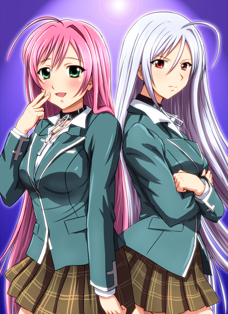 ahoge akashiya_moka chocker choker diesel-turbo dual_persona fang green_eyes inner_moka long_hair multiple_girls open_mouth pink_eyes pink_hair red_eyes rosario+vampire school_uniform silver_hair skirt smile vampire