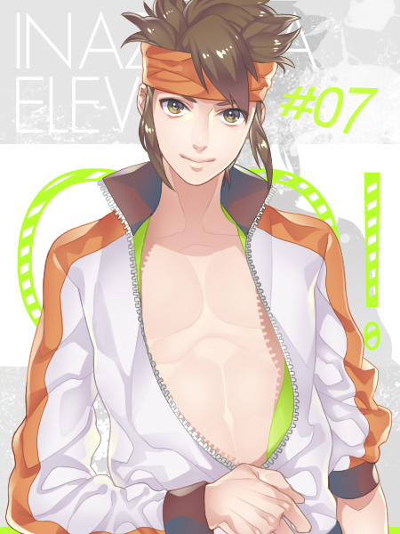 adult brown_eyes brown_hair bust chest endou_mamoru headband inazuma_eleven inazuma_eleven_(series) inazuma_eleven_go jacket kinm male open_clothes short_hair smile solo unzipping