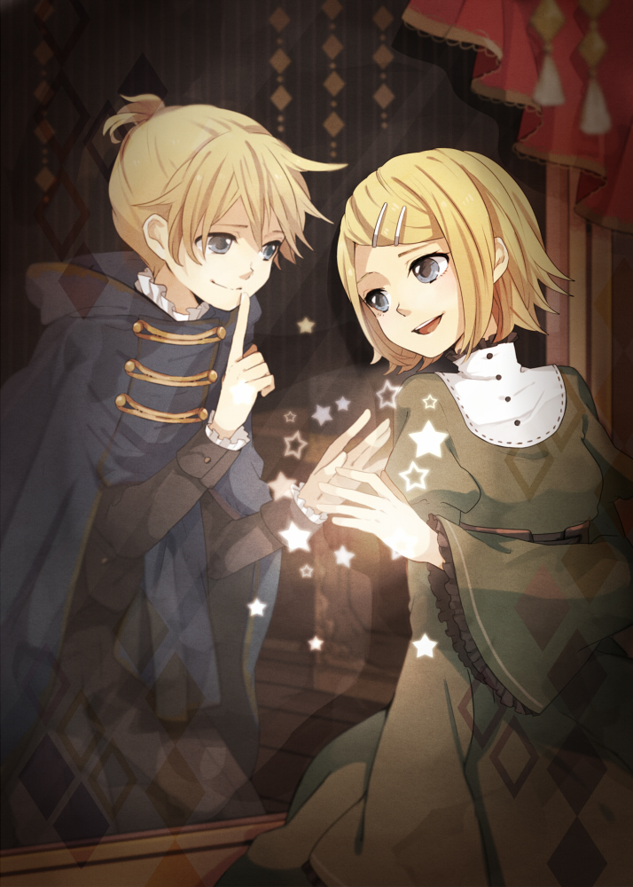 1boy 1girl alternate_costume blue_eyes boy boy_and_girl brother_and_sister cape cloak curtain dress european_clothes female finger_on_lips finger_to_mouth girl hair_ornament hairclip hairpin hood kagamine_len kagamine_rin male pants ponytail retro_clothes short_hair short_ponytail siblings smile star tama_(songe) twins vocaloid