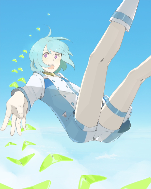 aqua_hair cloud clouds eureka eureka_7 eureka_seven eureka_seven_(series) falling hands legs_up open_mouth outstretched_arm outstretched_hand purple_eyes short_hair sky solo thigh_strap violet_eyes