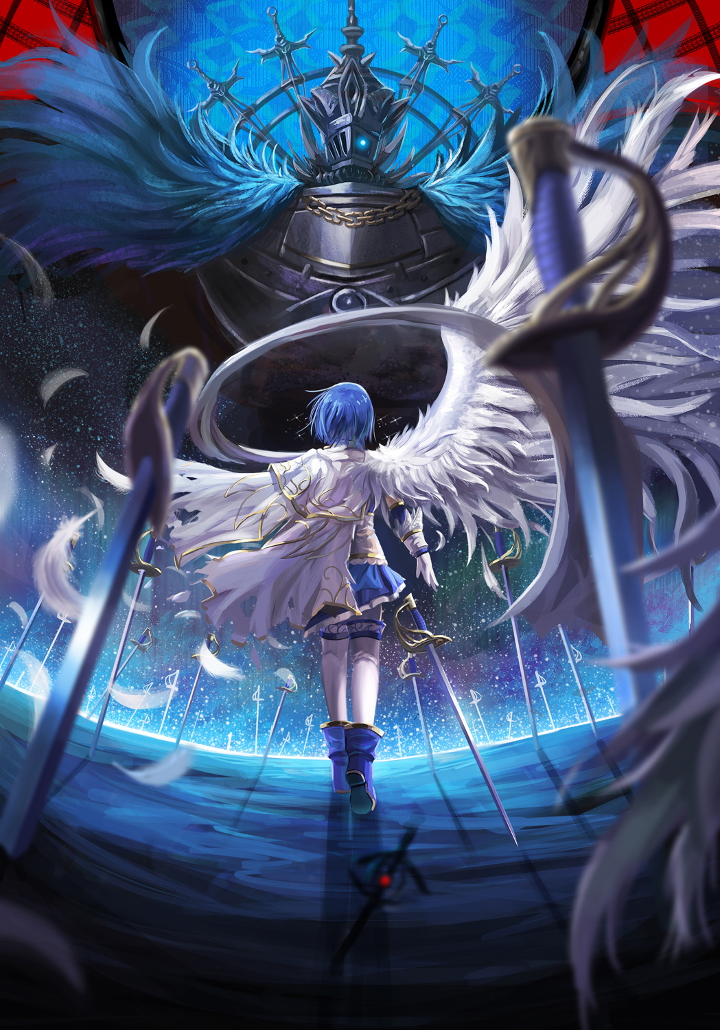 back blue_hair cape epic fate/stay_night fate_(series) feathers from_behind grief_seed highres magical_girl mahou_shoujo_madoka_magica miki_sayaka oktavia_von_seckendorff parody saber_01 single_wing spoilers sword thighhighs unlimited_blade_works weapon white_legwear wings
