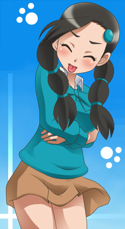 :p alone black_hair blue blush bow_tie candice closed_eyes cold girl gym_leader hair_ornament hugging ice pokemon pony_tails skirt suzuna_(pokemon) sweat_shirt tongue xp