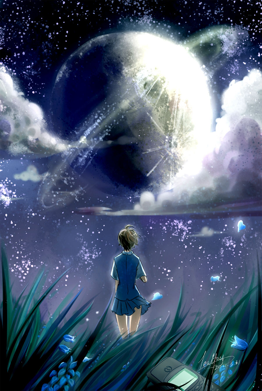 cellphone cloud from_behind grass highres hoshi_no_koe jealfay nagamine_mikako night phone planet saturn scenery school_uniform science_fiction short_hair sky star