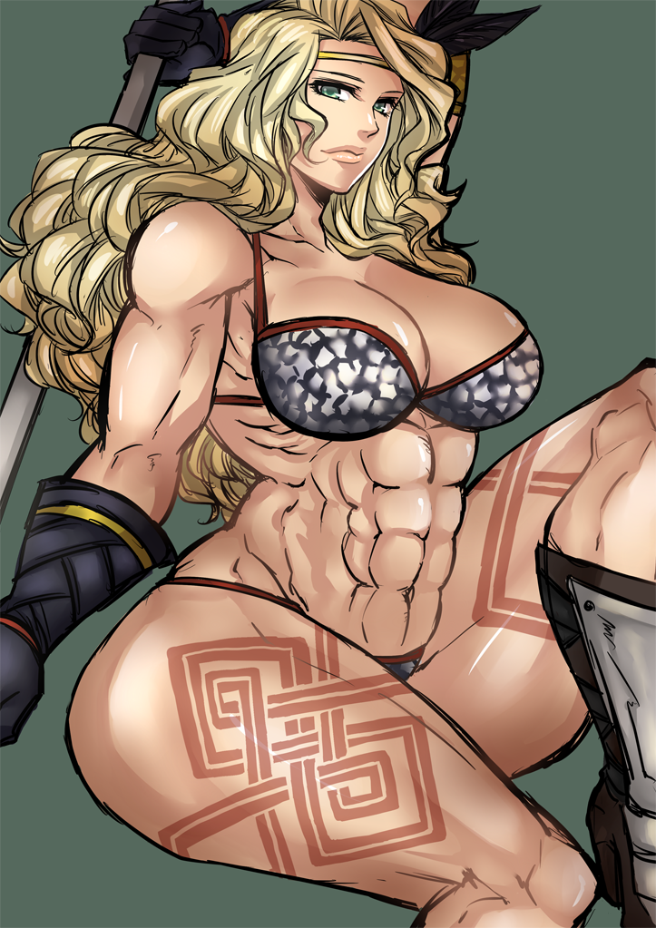1girl abs amazon_(dragon's_crown) amazon_(dragon's_crown) armlet armor axe bikini bikini_armor blonde_hair boots breasts circlet dragon's_crown dragon's_crown feathers female gloves green_eyes hajime_(block_69) large_breasts long_hair muscle muscular_female panties solo swimsuit tattoo thick_thighs thighs thong underwear vanillaware weapon