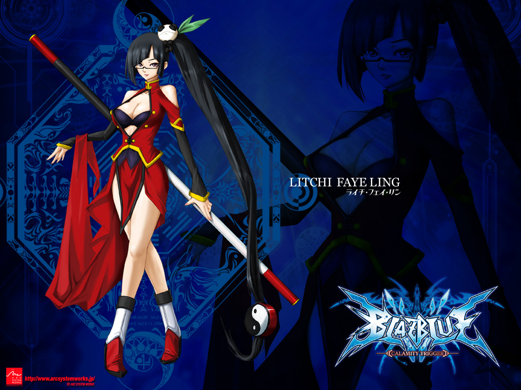 1024x768 1girl 4:3 black_bra black_hair blazblue bra breasts china_dress chinese_clothes cleavage glasses lao_jiu litchi_faye_ling long_hair panda staff wallpaper weapon