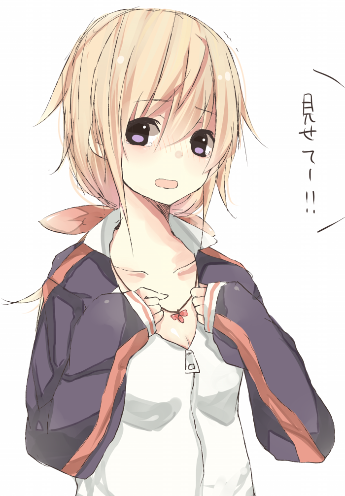 blonde_hair blush bow bust charlotte_dunois hair_bow infinite_stratos jewelry long_hair meet_neet necklace open_mouth simple_background sleeves_past_wrists solo track_jacket translated translation_request