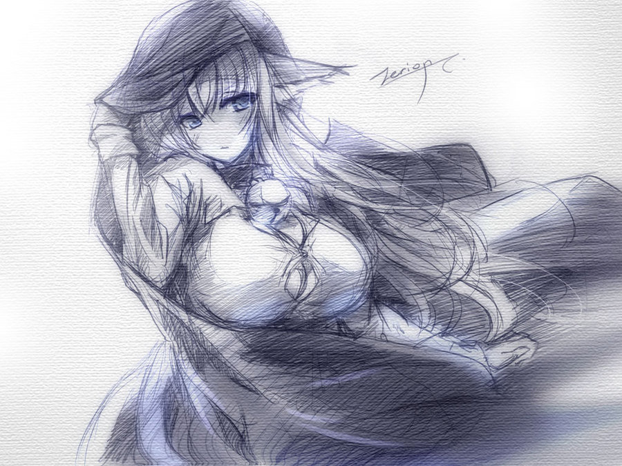 bell breasts cloak jingle_bell large_breasts liaas long_hair monochrome original signature sketch solo zerion