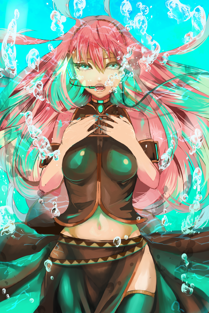 aqua_eyes bad_id bubble bubbles headphones hebi highres long_hair megurine_luka open_mouth pink_hair singing skirt solo thigh-highs thighhighs underwater vocaloid