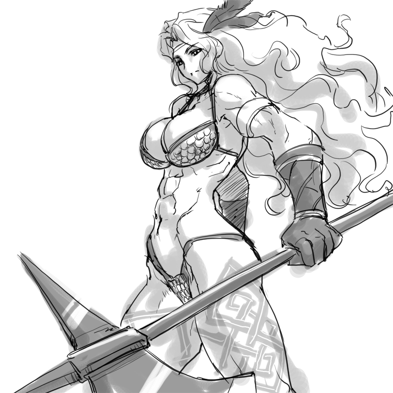 amazon_(dragon's_crown) amazon_(dragon's_crown) armor axe bikini_armor circlet dragon's_crown dragon's_crown feathers gloves long_hair magaki_ryouta monochrome muscle sketch solo tattoo vanillaware weapon