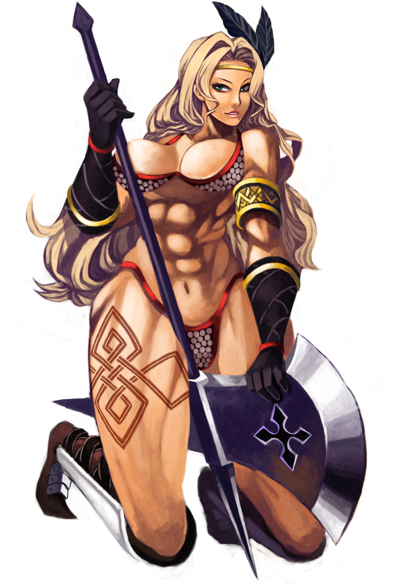 abs amazon_(dragon's_crown) amazon_(dragon's_crown) armlet armor axe bikini bikini_armor blonde_hair boots breasts circlet dragon's_crown dragon's_crown feathers gloves green_eyes highres lips long_hair muscle panties solo swimsuit tattoo thick_thighs thighs thong underwear vanillaware weapon