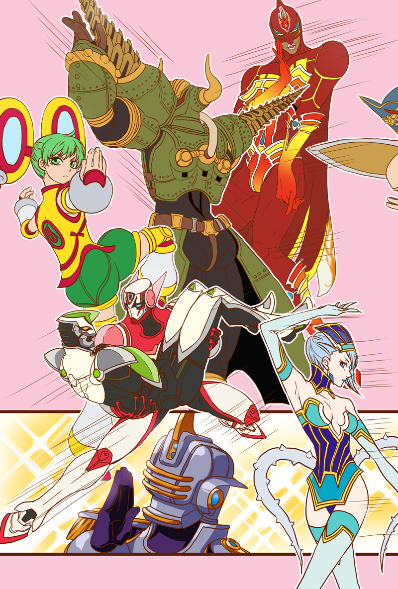 bare_shoulders barnaby_brooks_jr blue_eyes blue_hair blue_rose_(tiger_&amp;_bunny) breasts cape carrying cleavage detached_sleeves dragon_kid earrings elbow_gloves epaulettes everyone fire_emblem_(tiger_&amp;_bunny) flat_color gloves green_hair haou_airen hat helmet huang_baoling ivan_karelin jewelry kaburagi_t_kotetsu karina_lyle keith_goodman kuroko_(sunege) male mask nathan_seymore nathan_seymour origami_cyclone paolin_huan parody power_armor power_suit princess_carry salute shuriken sky_high spandex speed_lines superhero thigh-highs thighhighs tiger_&amp;_bunny weapon wild_tiger