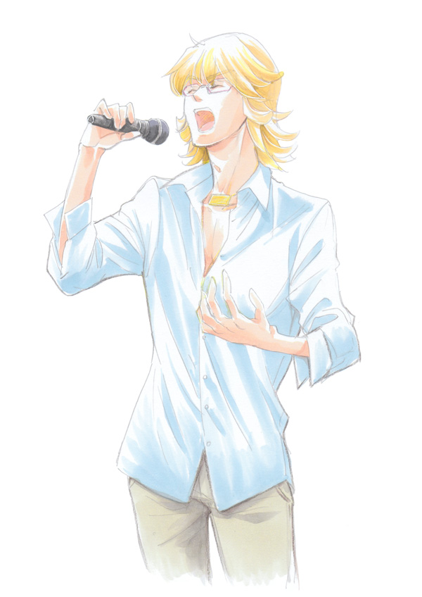 aka_hisagi bad_id barnaby_brooks_jr blonde_hair closed_eyes colored_pencil_(medium) eyes_closed glasses jewelry male microphone necklace singing solo tiger_&amp;_bunny traditional_media