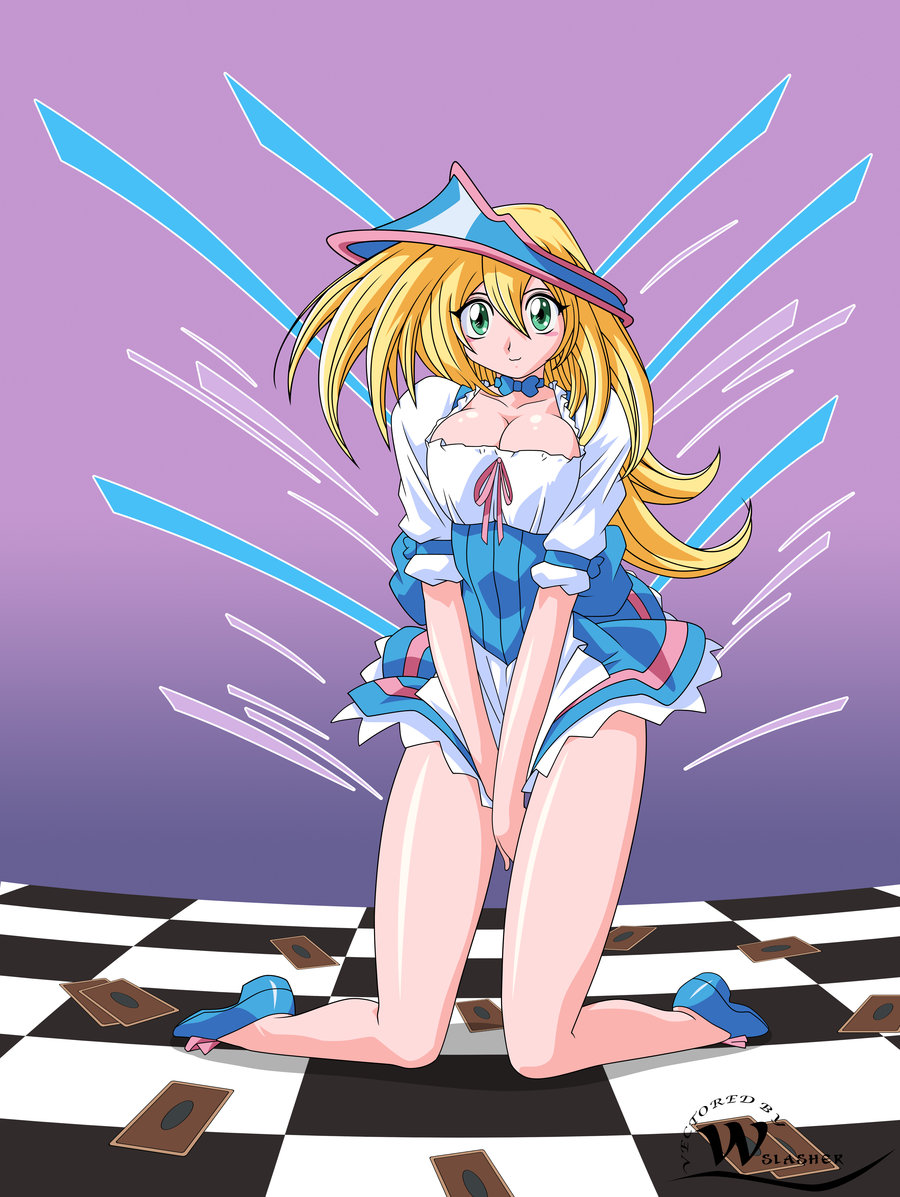 1girl alice_(wonderland)_(cosplay) alice_in_wonderland apron between_thighs blonde_hair blush breasts card cards checkered checkered_floor choker cleavage cosplay crossover dark_magician_girl female green_eyes hat huge_breasts large_breasts legs long_hair lying_card miniskirt ribbon skirt skirt_tug smile solo thigh-highs v_arms wslasher yuu-gi-ou yuu-gi-ou_duel_monsters