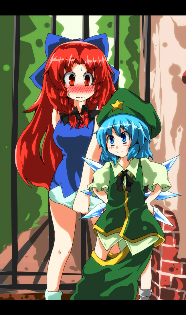 bajiru blue_eyes blue_hair blush bow braid china_dress chinese_clothes cirno cirno_(cosplay) cosplay costume_switch dress_tug embarrassed hair_bow hat hong_meiling hong_meiling_(cosplay) long_hair multiple_girls oversized_clothes red_eyes red_hair redhead short_hair smile star sweatdrop touhou twin_braids undersized_clothes wings