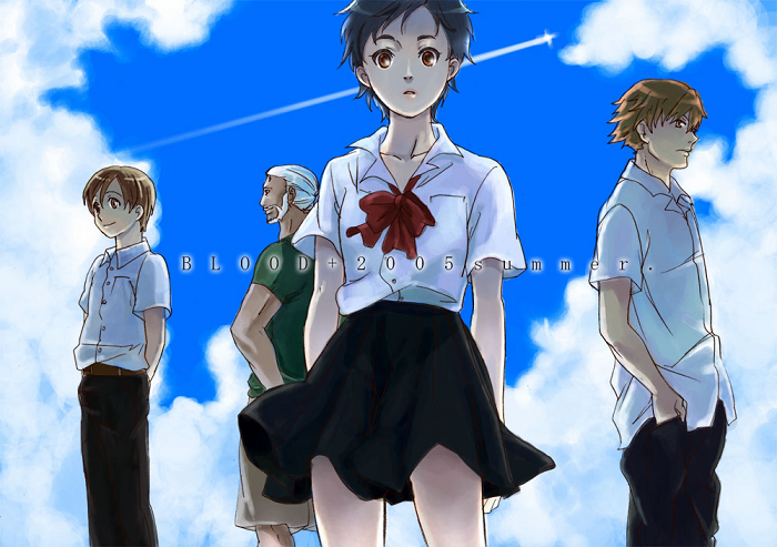 arms_behind_back bad_id beard black_hair blood+ bow brown_hair cloud clouds condensation_trail contrail dark_skin dress_shirt english facial_hair from_below hands_in_pockets imuko looking_down miyagusuku_george miyagusuku_kai miyagusuku_riku otonashi_saya school_uniform shirt short_hair skirt sky white_hair