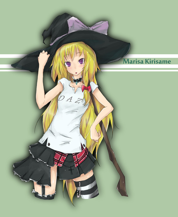 asymmetrical_clothes bad_id blonde_hair broom contemporary hat kirisame_marisa punk purple_eyes thighhighs tomato_(artist) touhou violet_eyes witch_hat