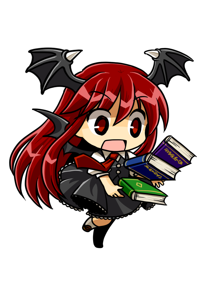 book chibi clumsy demon_girl demon_wings head_wings headwings koakuma necktie open_mouth red_eyes red_hair redhead simple_background socha socks solo surprised touhou transparent_background wings
