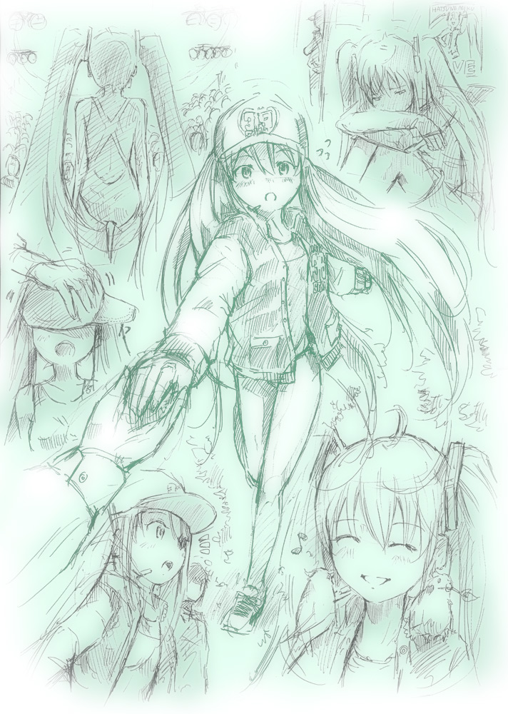 bad_id closed_eyes competition_swimsuit green green_background hat hatsune_miku headset holding_hands leg_hug long_hair mayo_riyo monochrome musical_note one-piece_swimsuit sketch smile swimsuit traditional_media twintails very_long_hair vocaloid