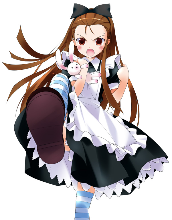 brown_hair bunny hairband idolmaster long_hair minase_iori rabbit red_eyes sakana shoe_soles shoes striped striped_legwear striped_thighhighs stuffed_animal stuffed_toy thigh-highs thighhighs