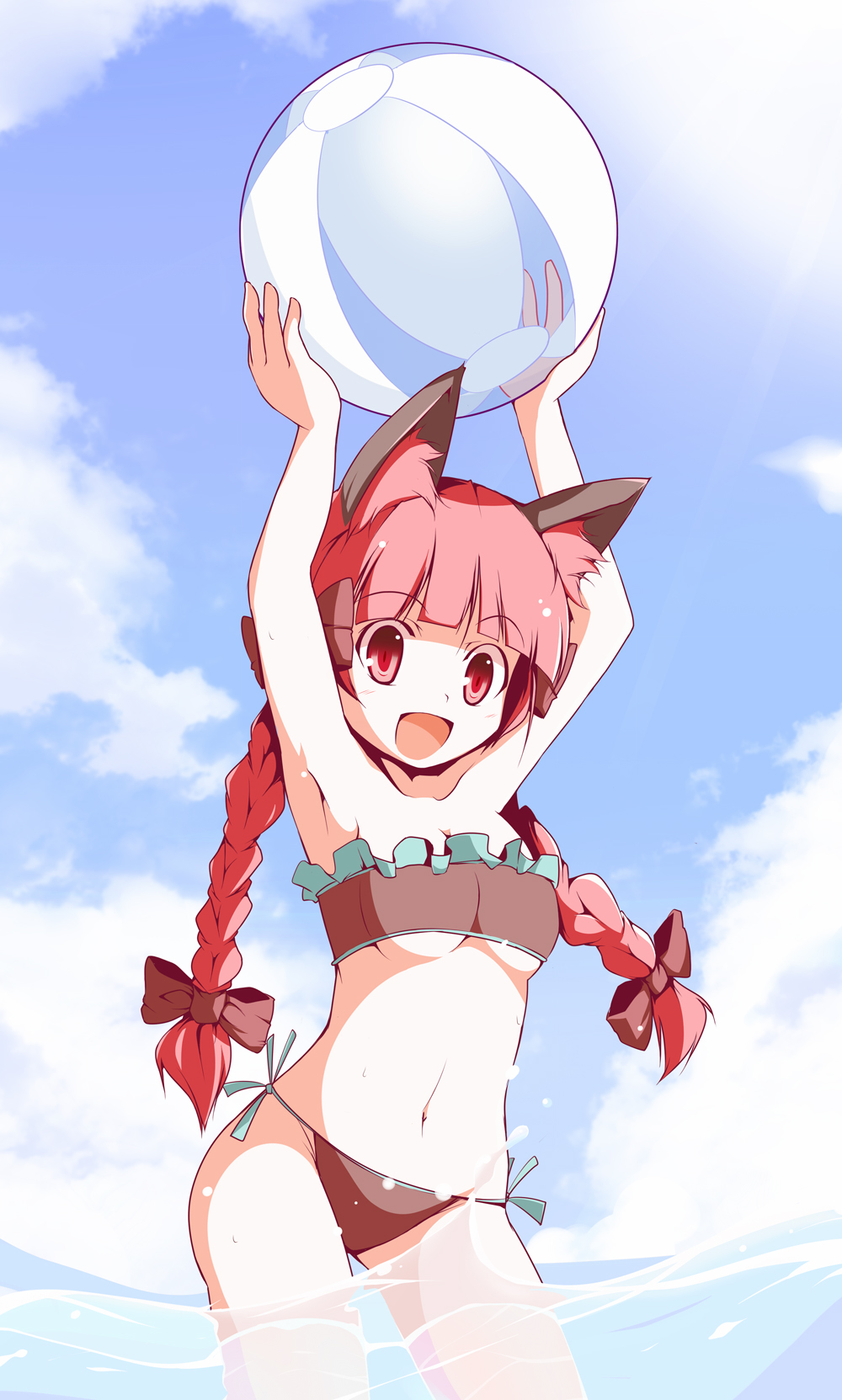 animal_ears armpits arms_up ball bandeau bangs beachball bikini blunt_bangs bow braid breasts cat_ears colored fujy hair_bow hair_ribbon highres holding kaenbyou_rin long_hair looking_at_viewer machily miko_machi navel open_mouth red_eyes red_hair ribbon short_hair side-tie_bikini smile solo swimsuit swimsuit touhou twin_braids twintails underboob wading water