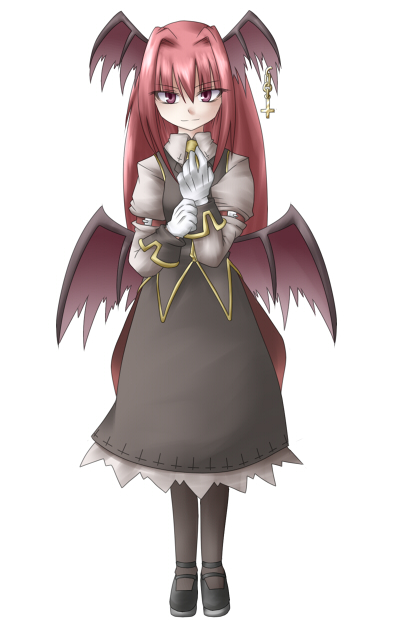 ascot cross earrings gloves head_wings headwings inverted_cross jewelry koakuma long_hair naginami pink_hair red_eyes single_earring skirt solo touhou wings