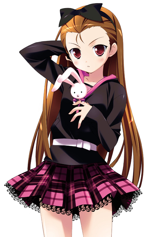 arm_up belt blush bow brown_hair bunny embarrassed flat_chest hair_bow hairband idolmaster lace long_hair minase_iori open_mouth plaid rabbit red_eyes sakana simple_background skirt solo standing stuffed_animal stuffed_toy very_long_hair